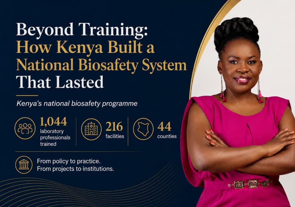 Publication card for "Beyond Training: How Kenya Built a National Biosafety System That Lasted", showing 1,044 laboratory professionals trained, 216 facilities and 44 counties.